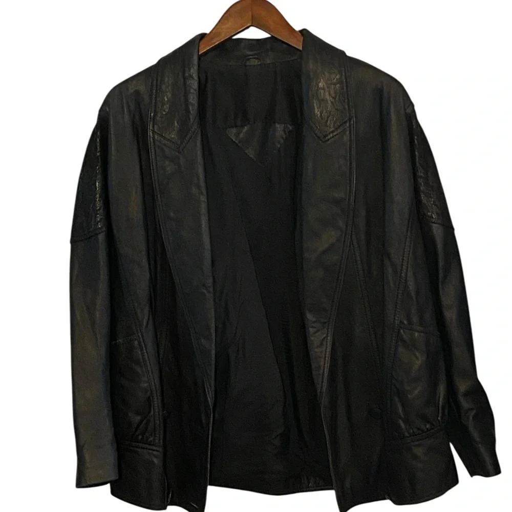 Vintage 80s 90s  Black Leather Jacket shoulder pads Animal Print Detail